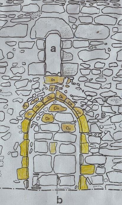 Figure 10 – The North Door drawn by Tim Morgan (1987) showing the Caen stone (coloured yellow) and Oolite limestone (yellow with ‘Oo’). Coloured by Bernard Worssam (1994).