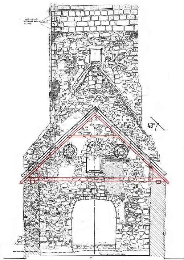 Figure 17 – Morgan’s (1987) drawing of the west gable with the Saxon roof pitch highlighted in red by Paul Reed