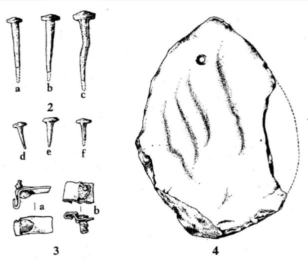 Figure 18 - Stone slate 4, Slate nails 2, Fixings for lead-sheet 3 from Wearmouth and Jarrow (no scale given) (Cramp 1969).