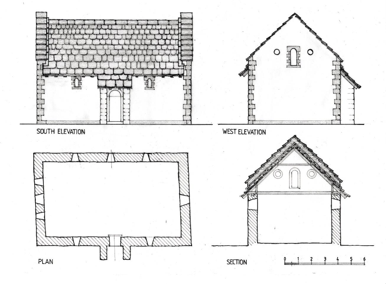 Figure 20 - Conjectural plan and elevations of the Phase 1 Saxon Church of St. Helens before 1066. Drawn by Paul Reed.