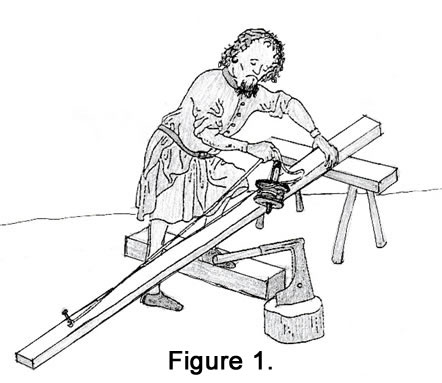 Figure 1. measuring a plank, Catherine of Cleves’ Book of Hours, MS 917, fol. 105, traced from llustration No.358, p120, Günther Binding, 2004, Medieval building Techniques