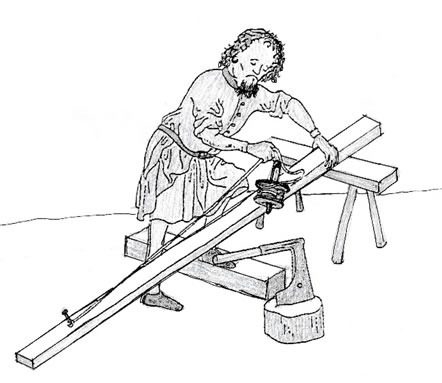 Figure 3.  measuring a plank, Catherine of Cleves’ Book of Hours, MS 917, fol. 105, traced from Illustration No.358, p120, Günther Binding, 2004, Medieval building Techniques	